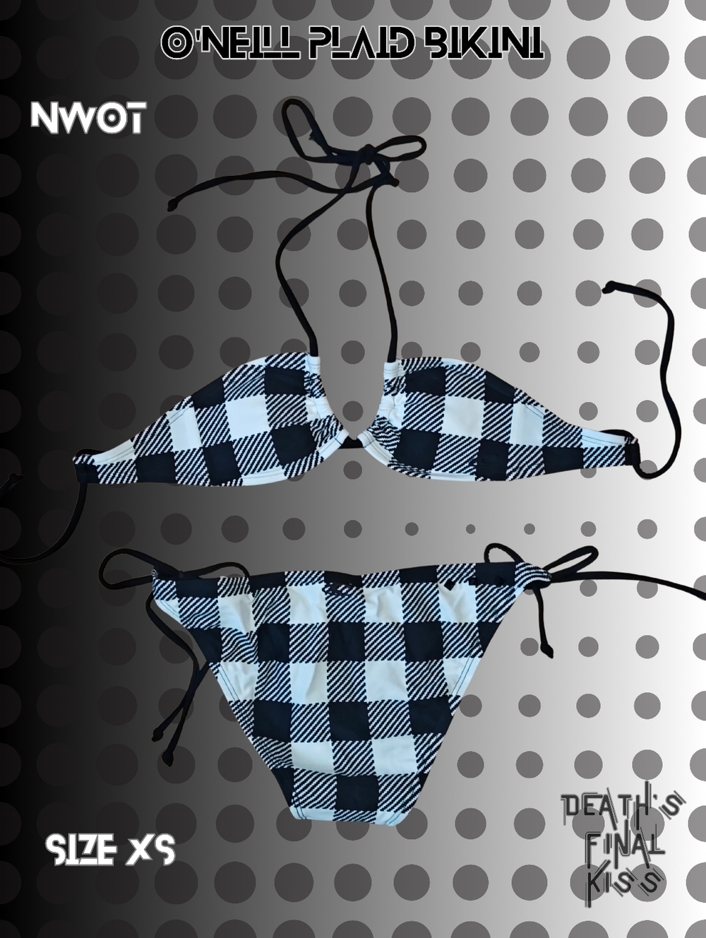 O'Neill Black White Buffalo Plaid String Skimpy Studded Cheeky Bikini XS/S Punk